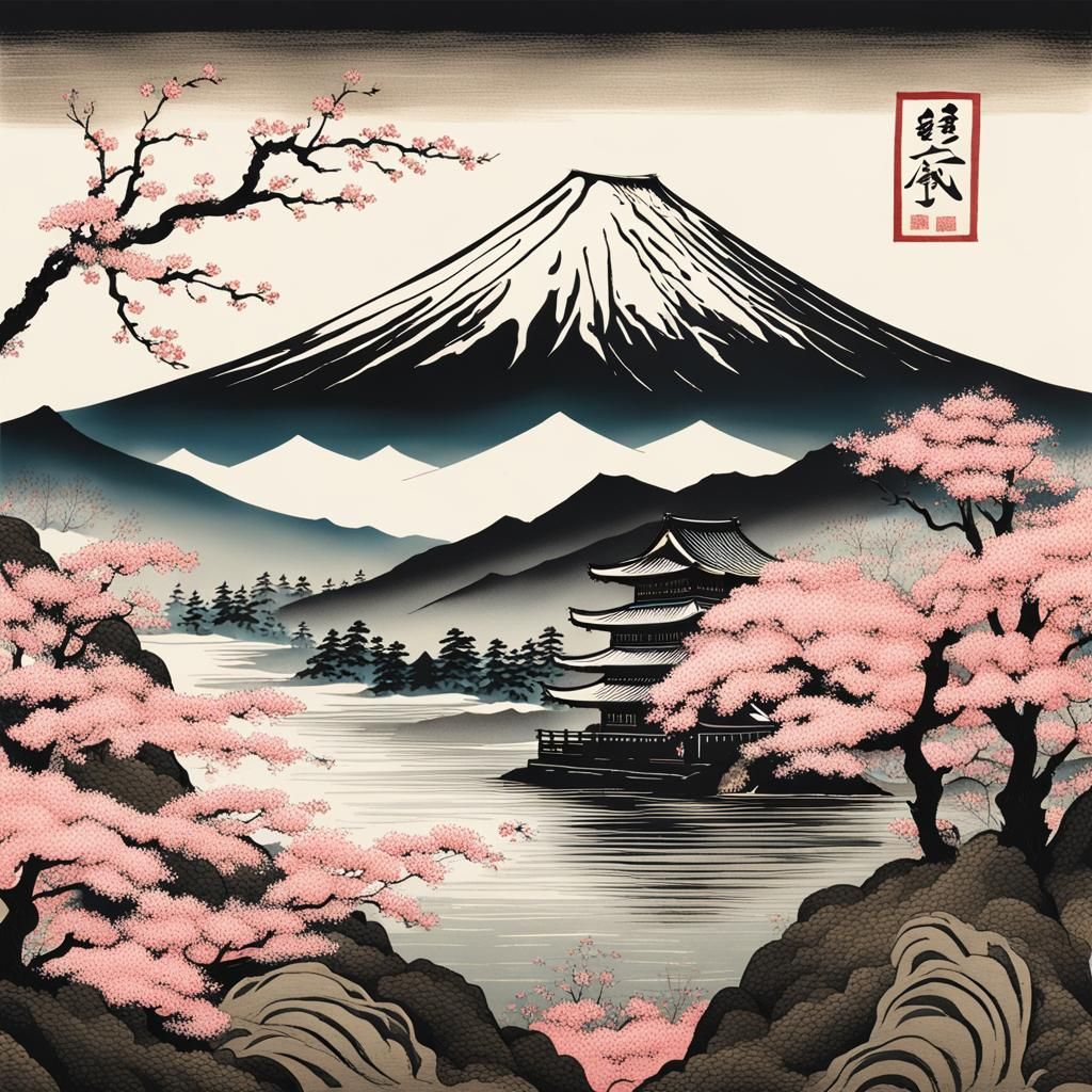 Mount Fuji in Spring: Japanese Woodblock Print