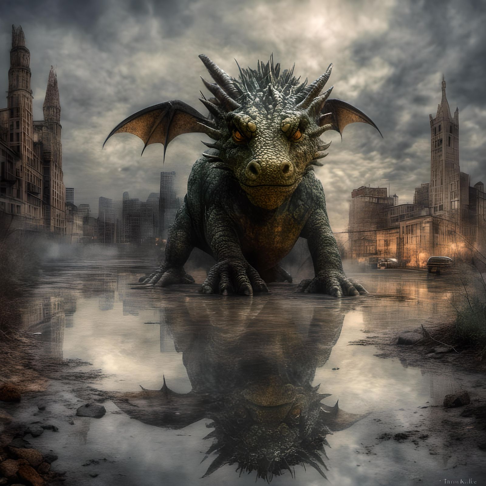 Dragon's Sorrow: A Desolate Reflection in Fantasy Style