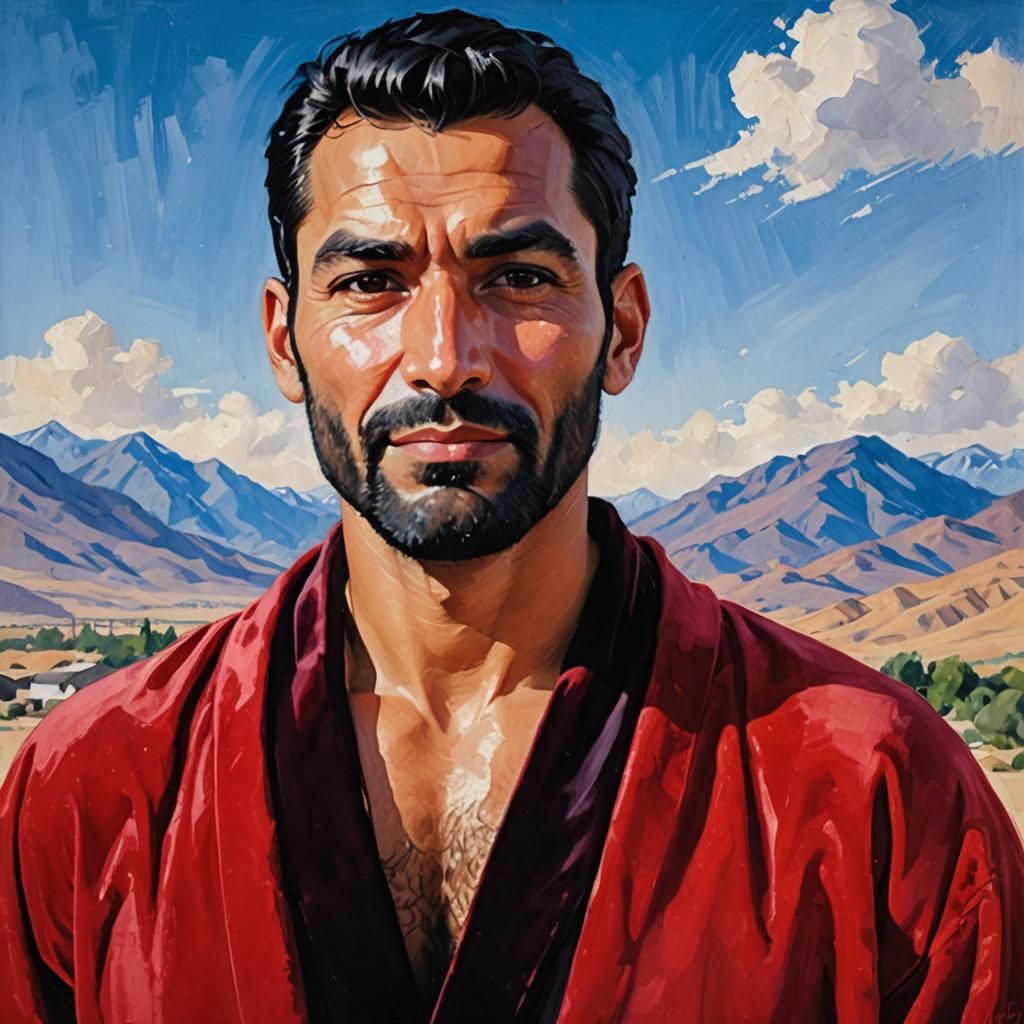 Pensive Man in Red Velvet Robe: Impressionist Oil Painting