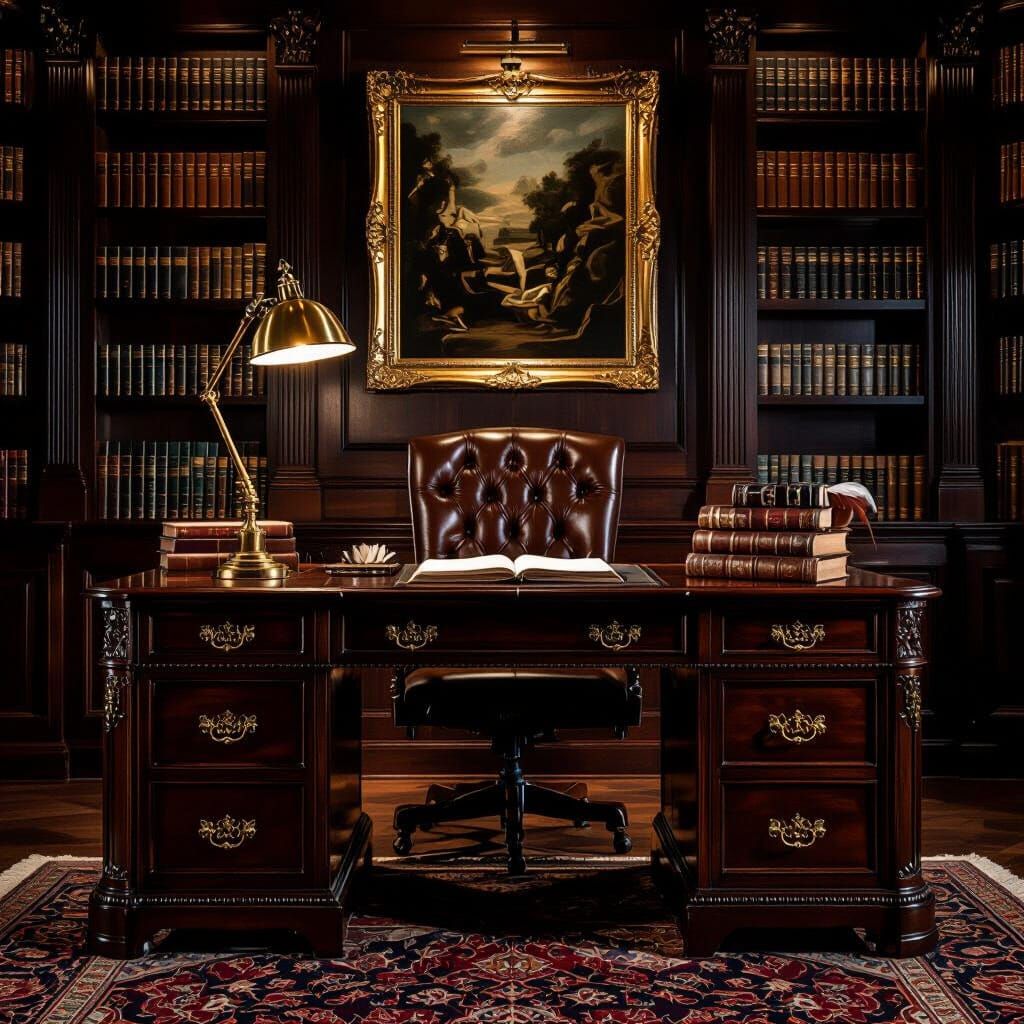 Opulent Mahogany Study with Antique Desk and Vintage Lamp