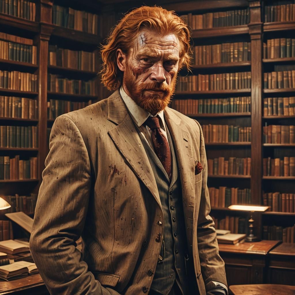 Scarred Man in Suit Stands in Library, Concept Art