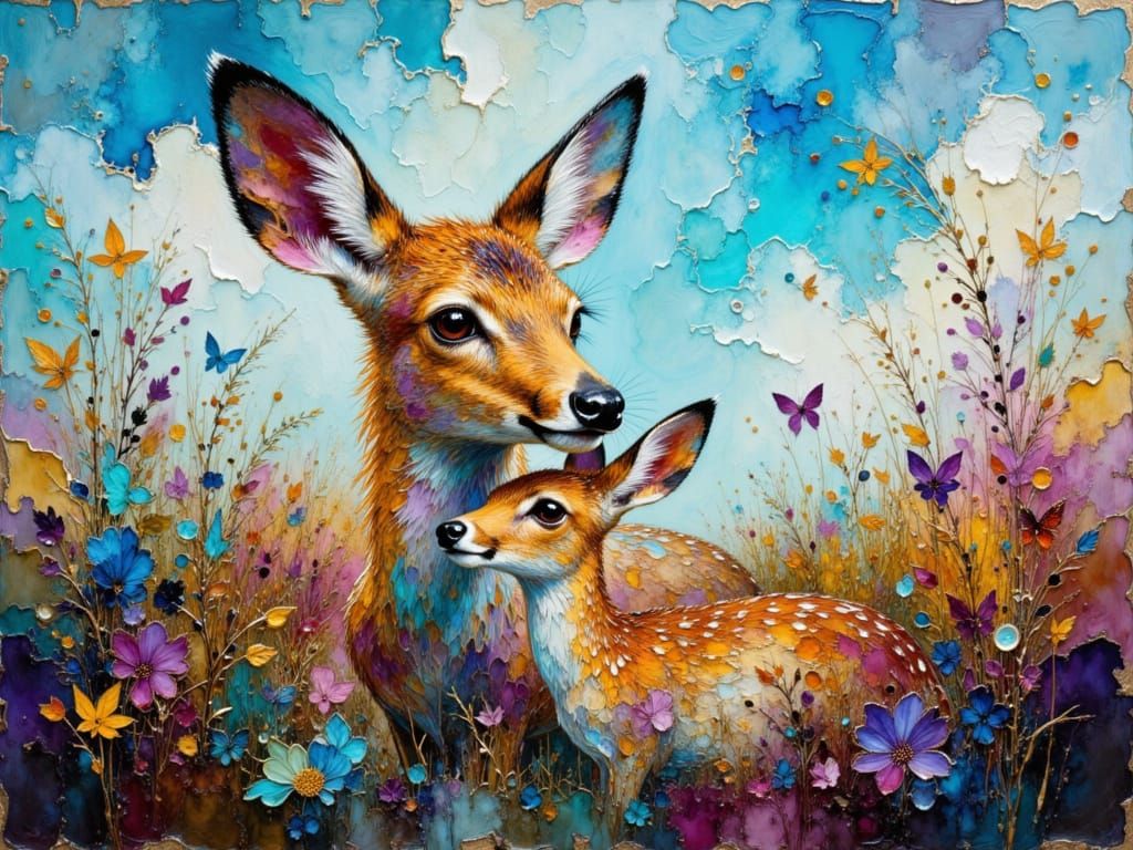 Monochromatic Doe and Fawn in Nature Oil Painting