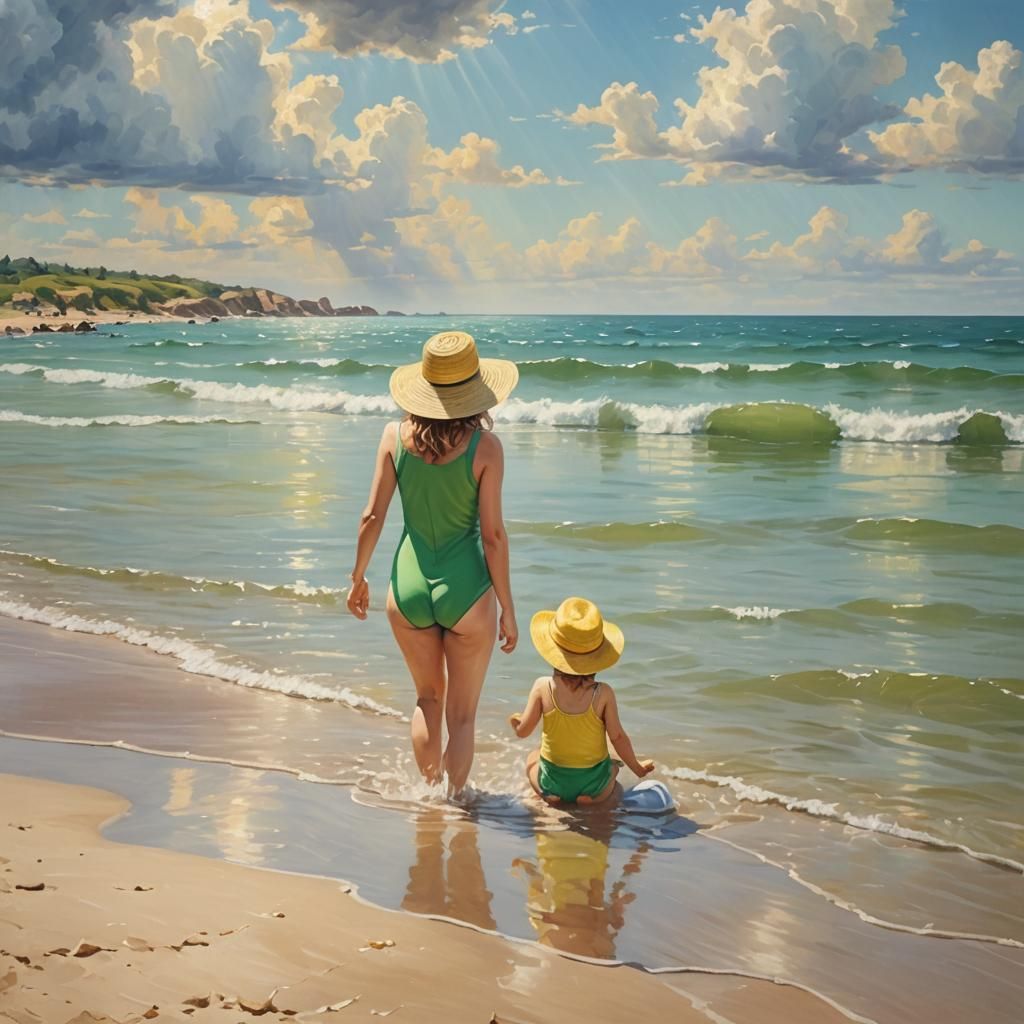 Peaceful Beach Scene with Mother and Children