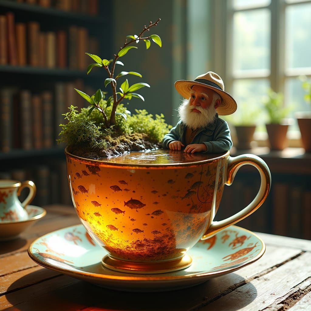 Miniature Fisherman in Teacup Aquarium, Erin Hanson Impressi...