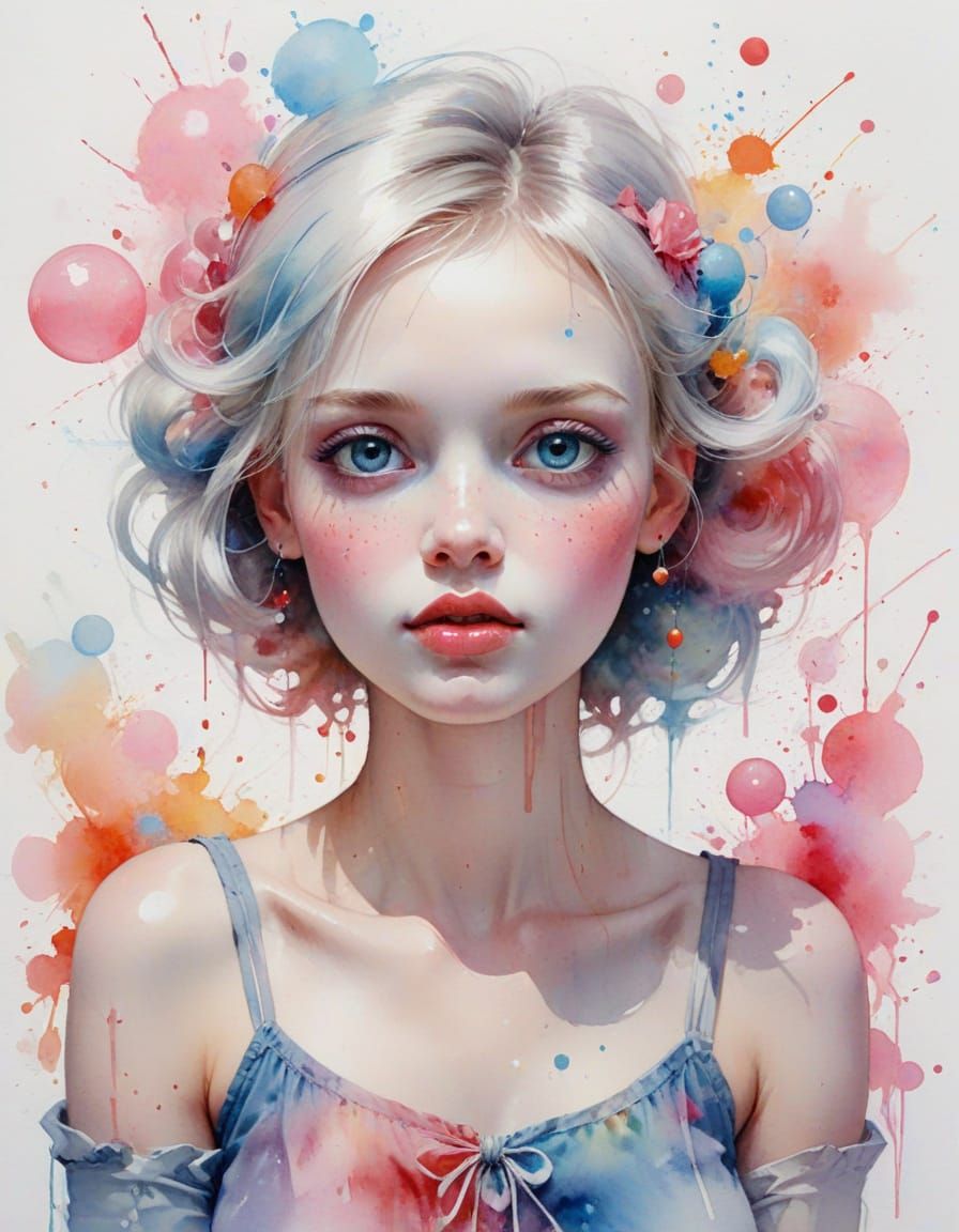 Whimsical Fairy Tale Bubblegum Portrait in Watercolour Style