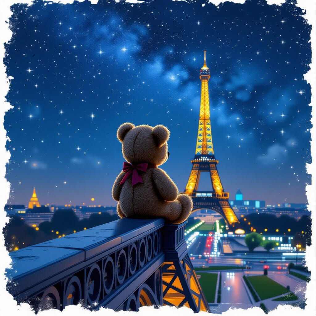 Melancholic Teddy Bear on Eiffel Tower Under Surreal Starry ...