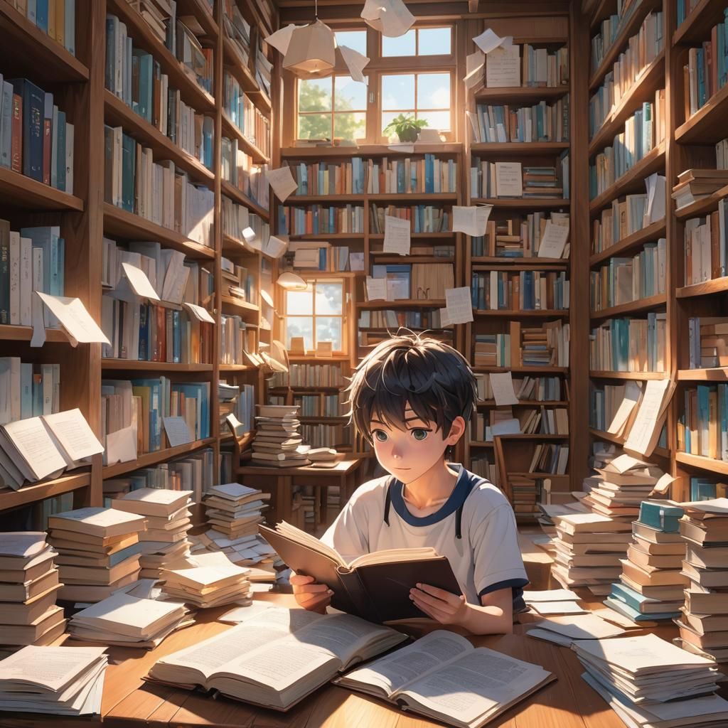 Boy Reading in Library: Realistic Anime Digital Art