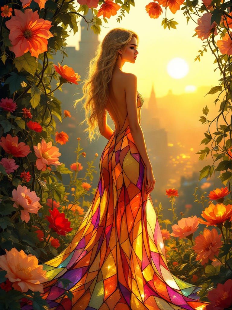 Art Nouveau Woman in Stained-Glass Gown at Sunset