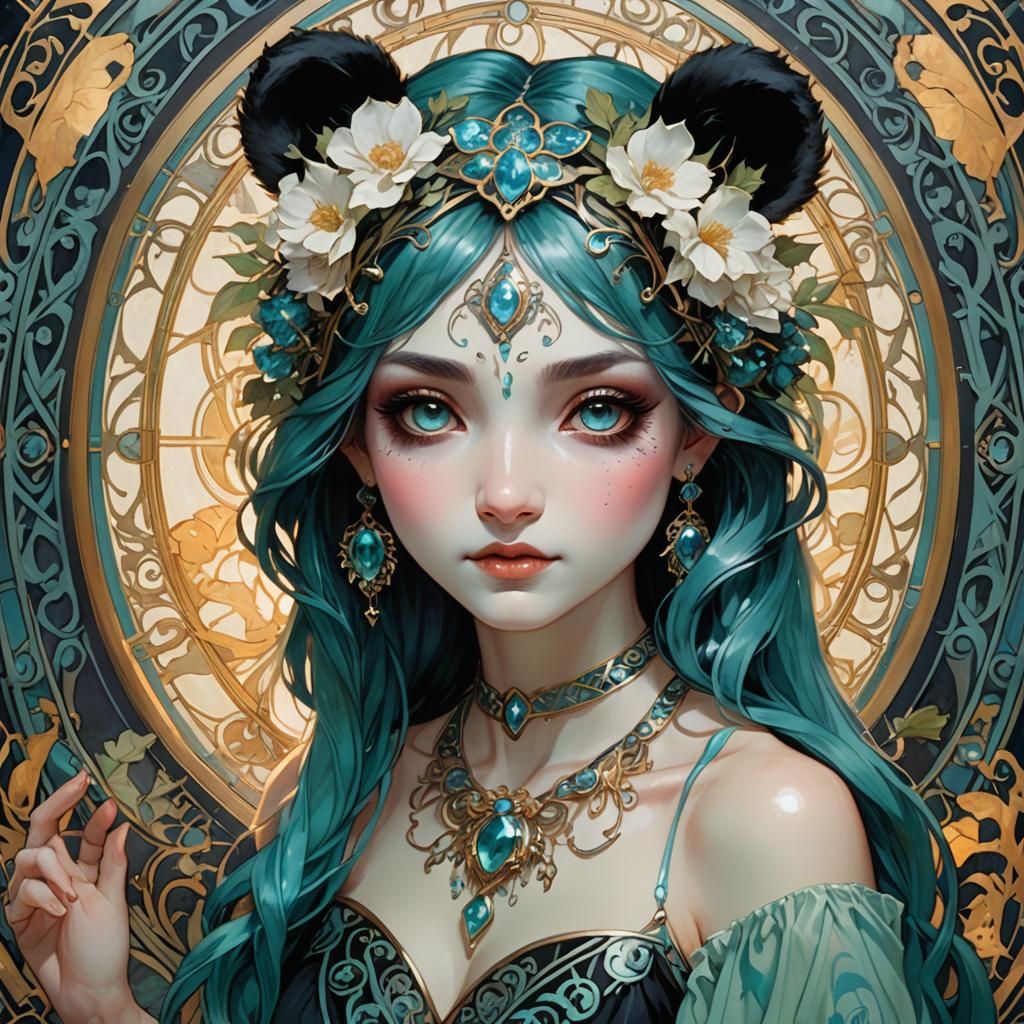 Mystical Panda-Elf Hybrid with Luminous Teal Eyes