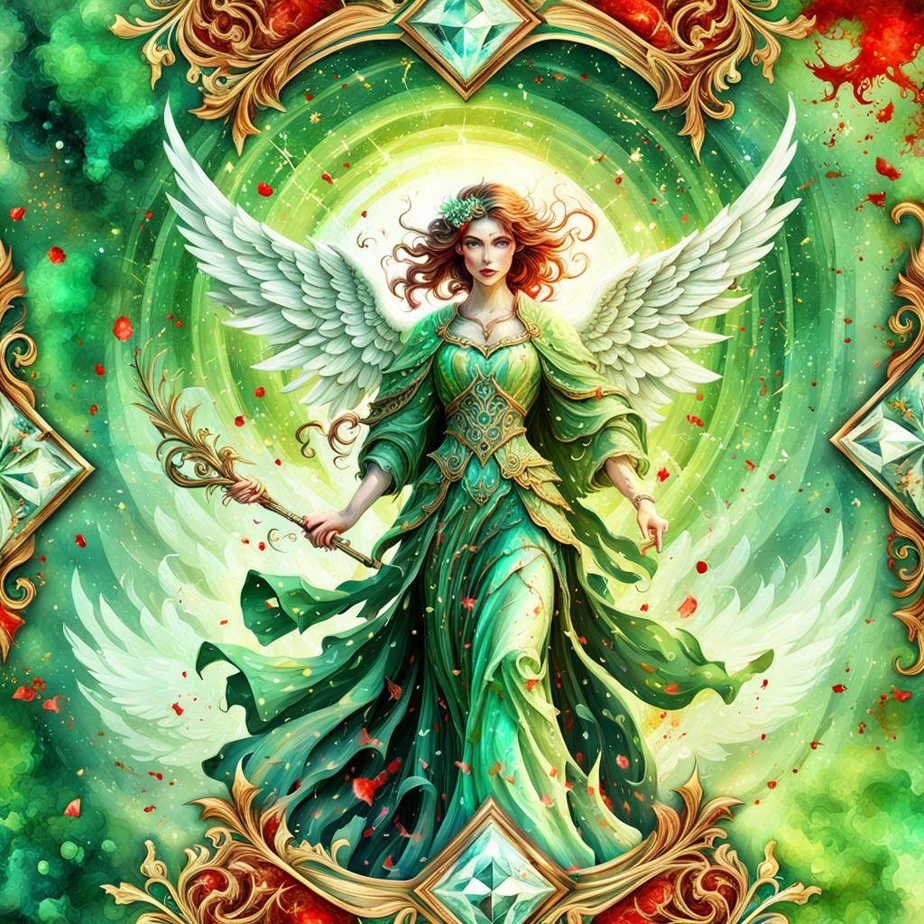 Ornate Fantasy Angel with Watercolor Splatters