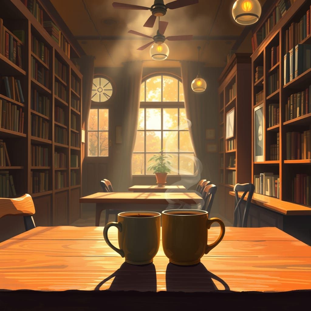 Cozy Autumn Cafe with Bookshelves and Soft Light
