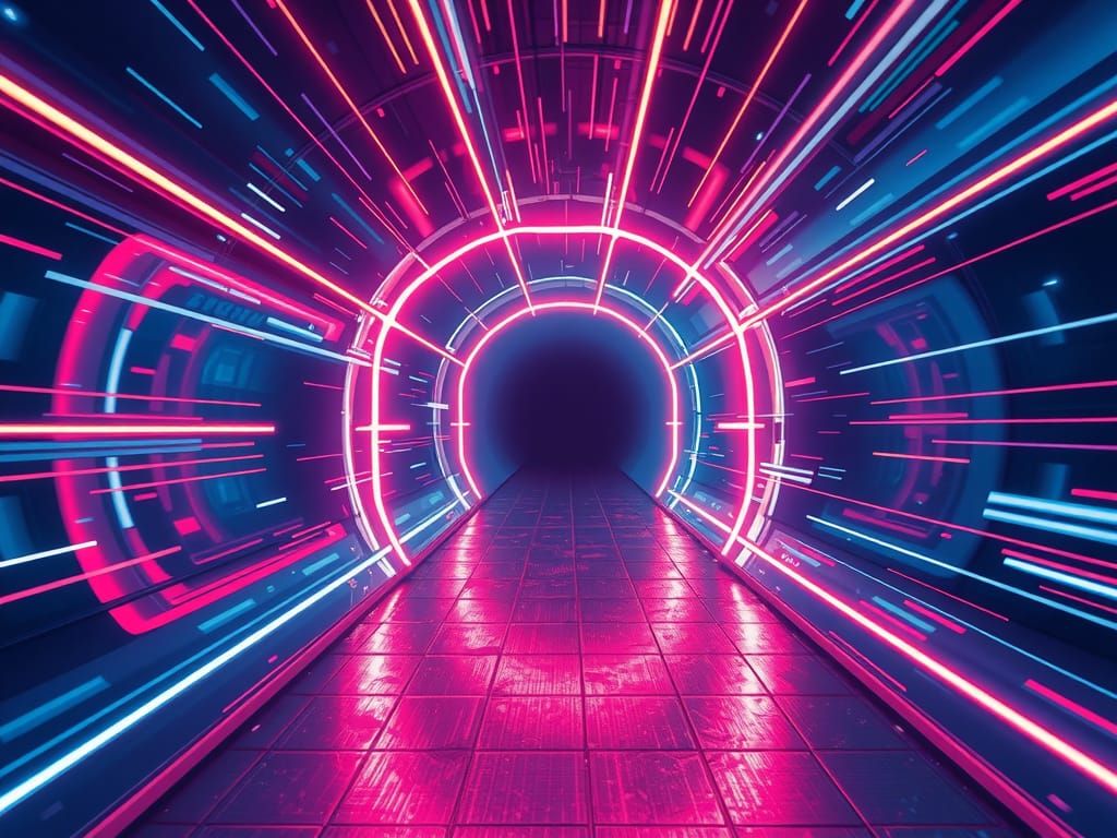 Neon Light Trails Through Glass Tunnel