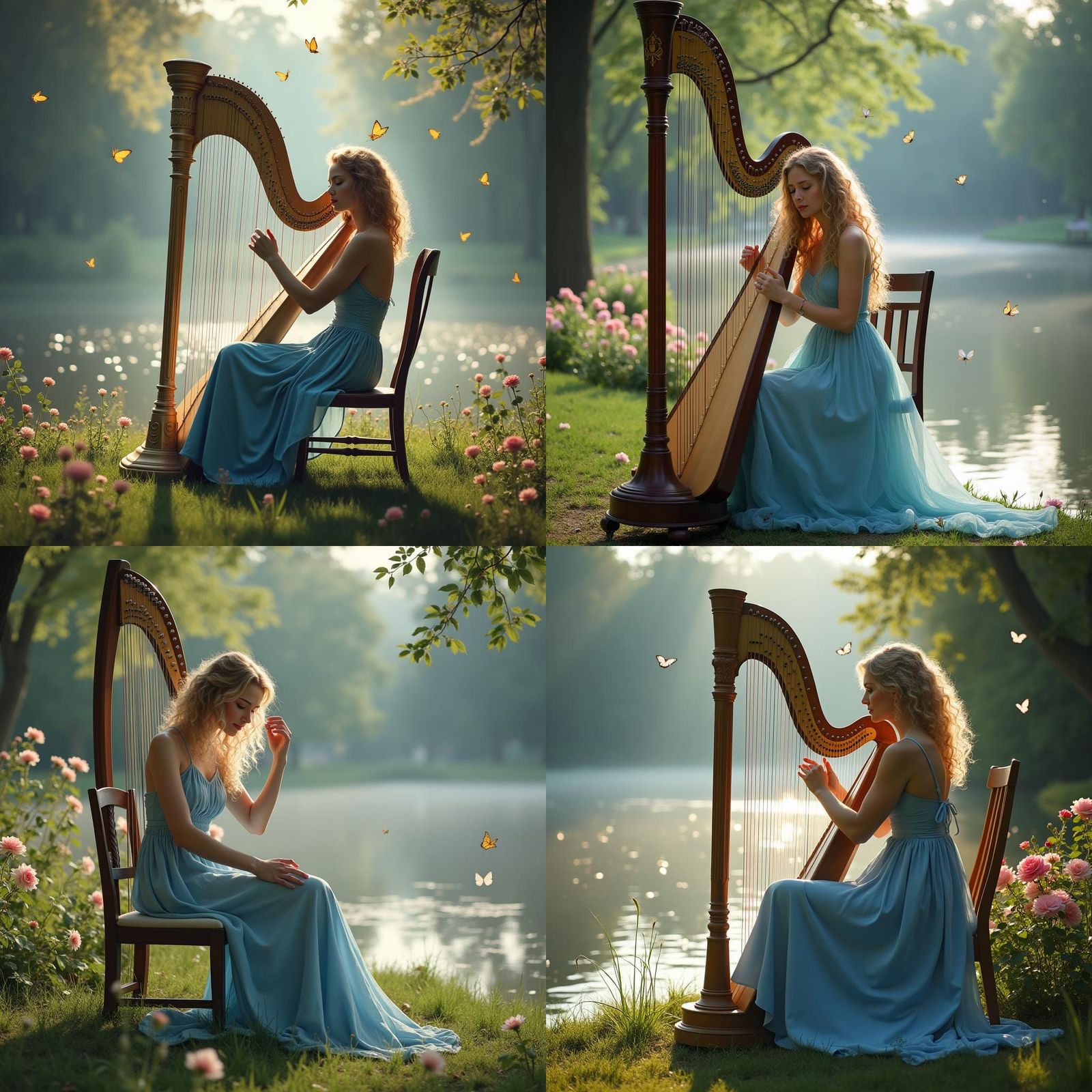 Woman Playing Harp in Park with Romantic Sunlight