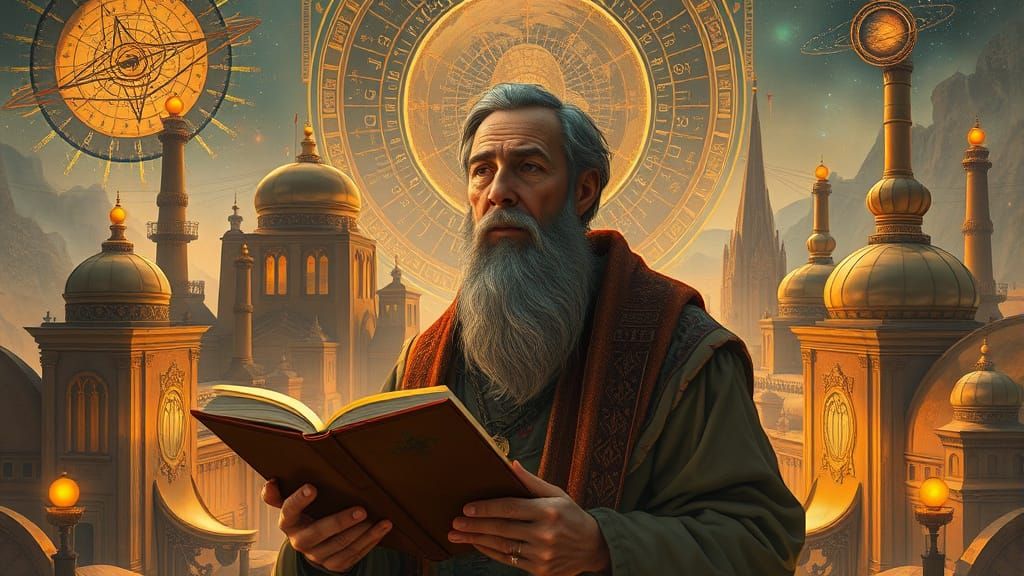 Utopian Philosopher in Futuristic City, Syd Mead Style