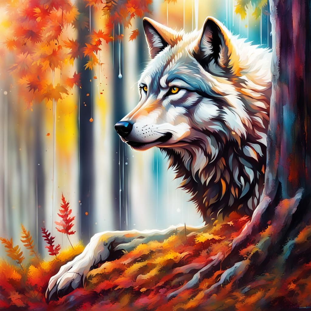 Wolf in Autumn Forest Graffiti Art