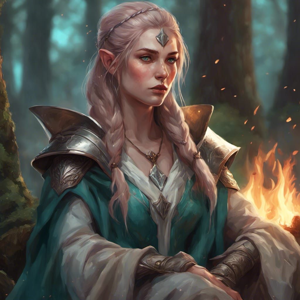 Auburn Elf Cleric by Campfire, Detailed Digital Art