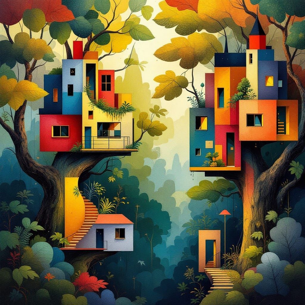 Vibrant Cubist Village in a Dreamlike Forest