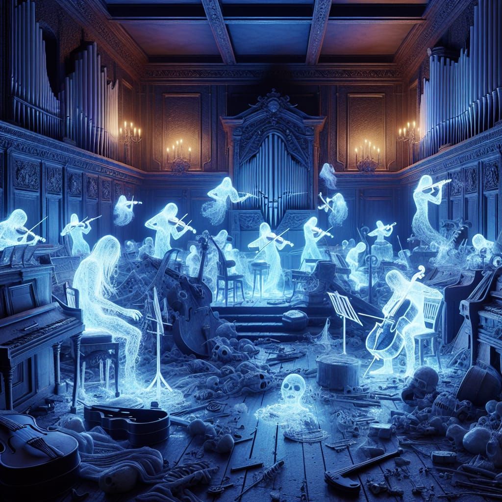 Haunted Music Room with Ghostly Figures