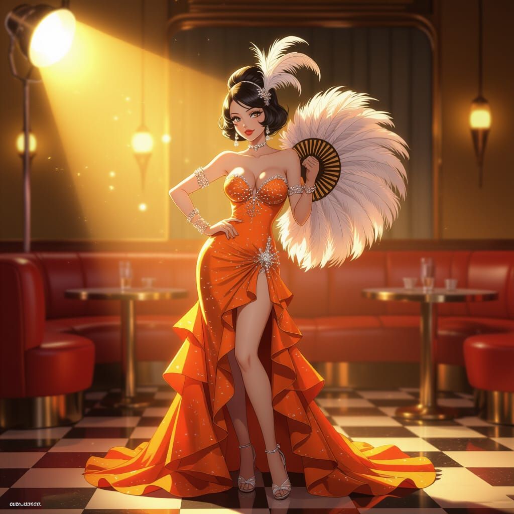 Orange Gown Showgirl in Anime Style
