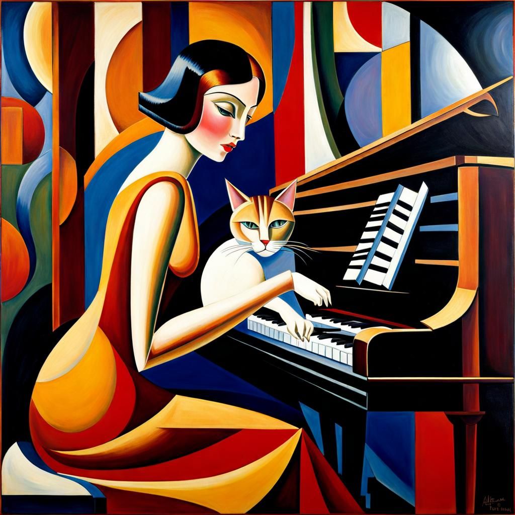 Art Deco Woman with Cat at Piano