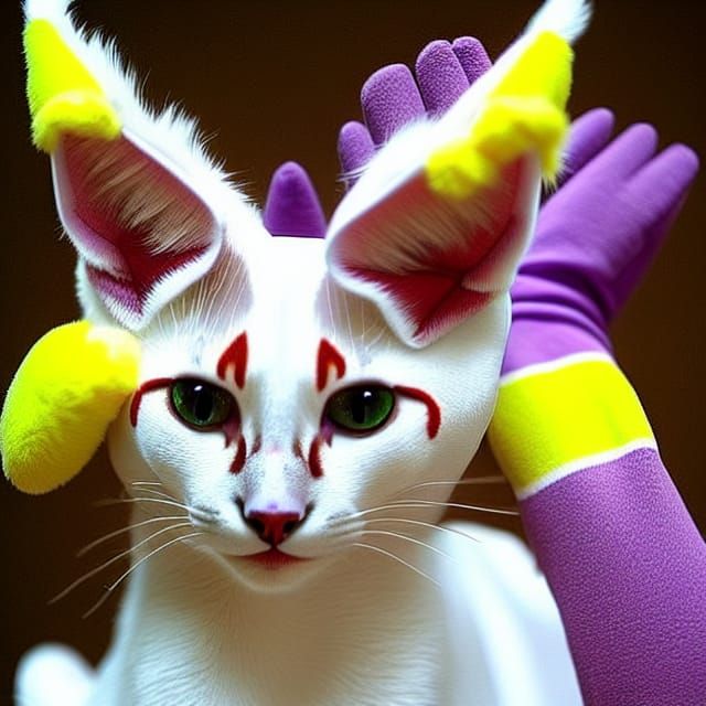 Gatomon appears similar to a white Egyptian
cat wearing large lime yellow and red striped gloves with black claws sticki...