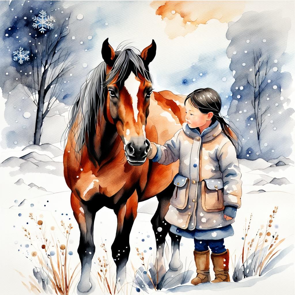 Watercolor Illustration of Girl and Mongolian Horse