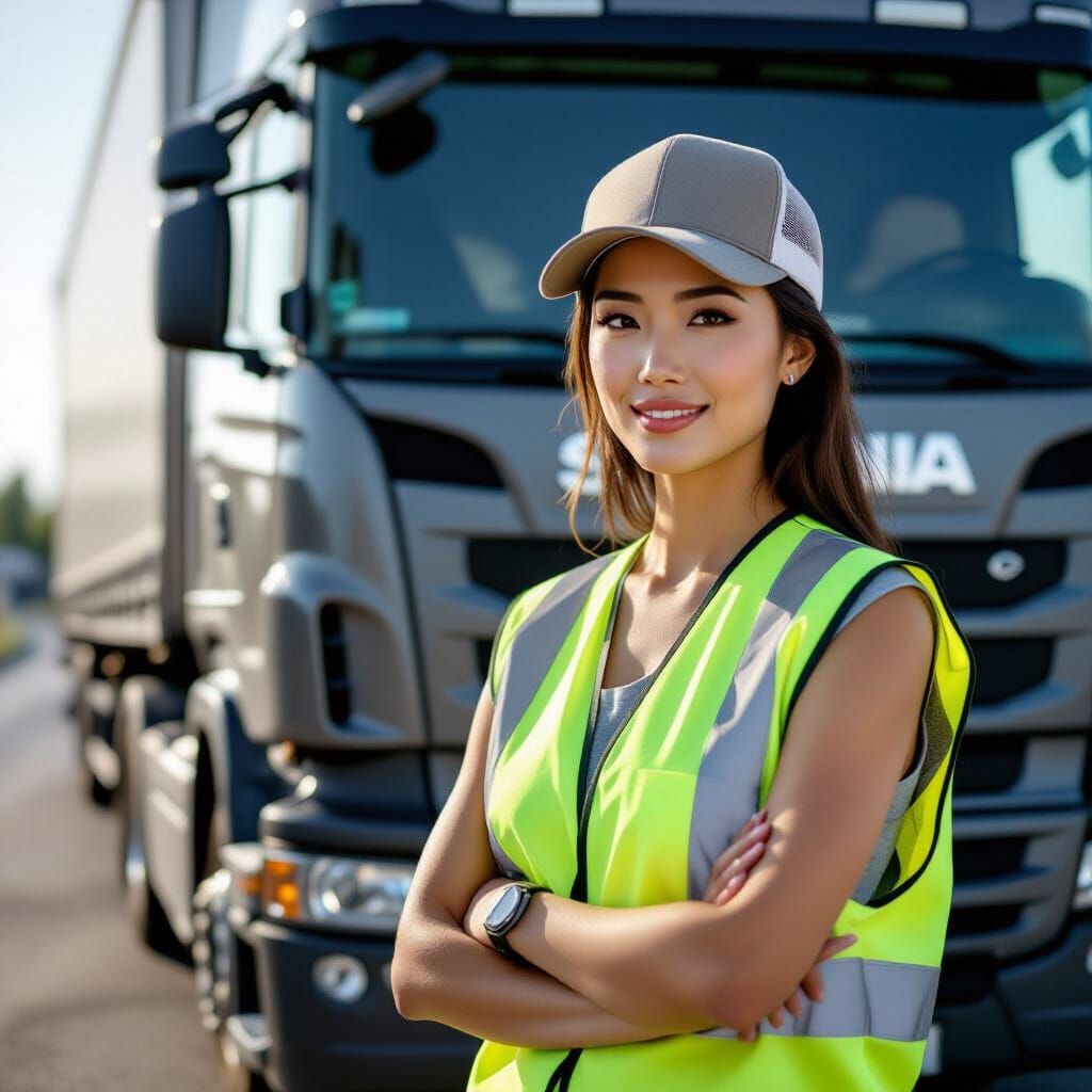 Asian Woman Truck Driver in Realistic Style