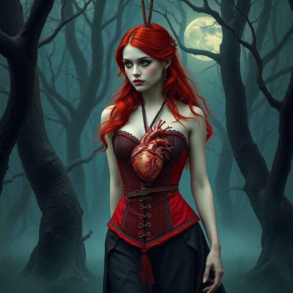 Gothic Romance in Crimson Corset, Moonlit Forest