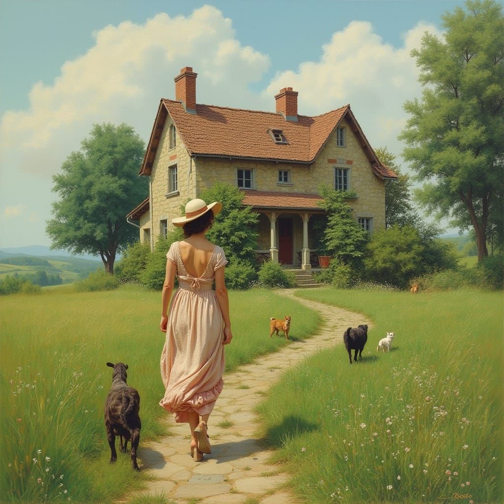 Woman Walks Dogs and Cat Near Stone House