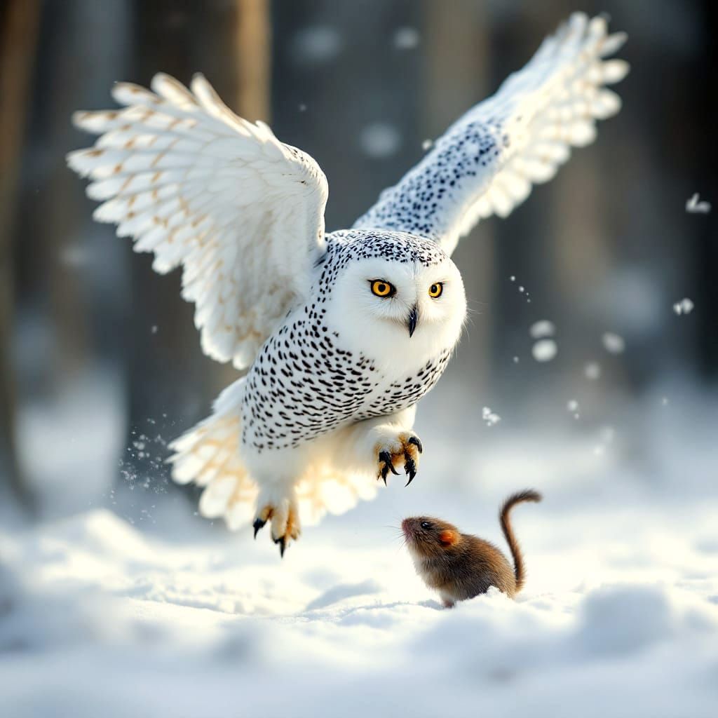 Snowy Owl in Mid-Hunt Captured in Realistic Detail