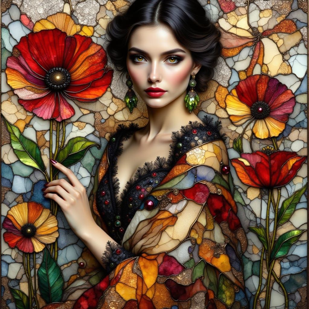 Elegant Woman in Stained-Glass Art Style with Poppies