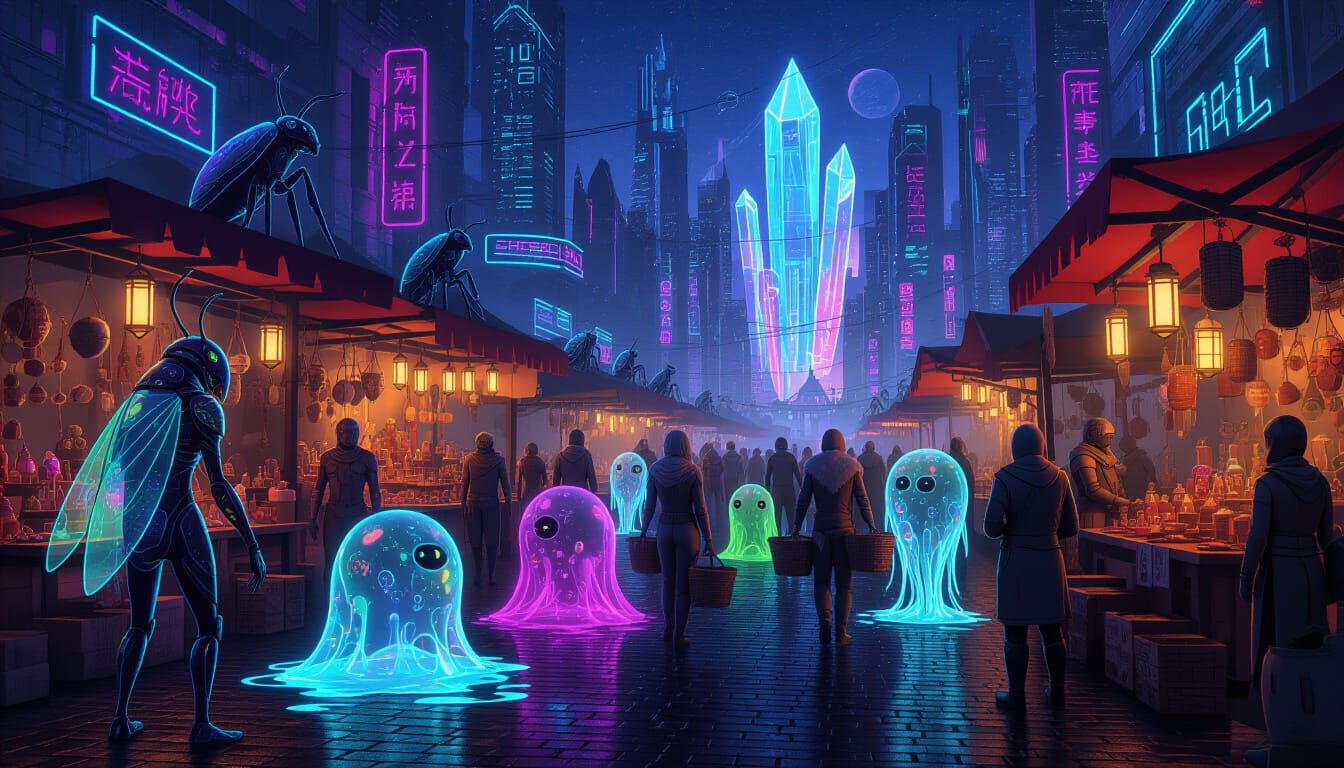 A dazzling alien street market in the heart of a neon-lit al...