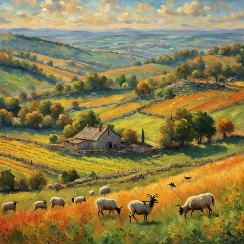 Impressionist Landscape with Grazing Goats and Swallows
