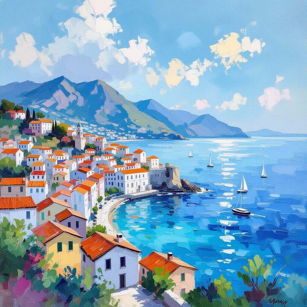 Gouache Painting of a Majestic Coastal City and Mountains