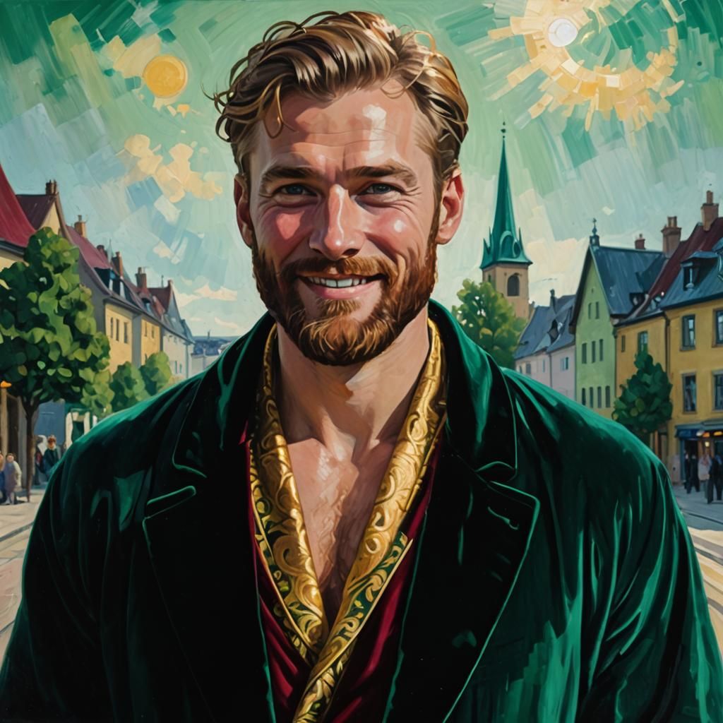 Smiling Nordic Man in Velvet Bathrobe as Oil Painting