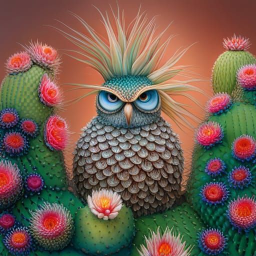 Cactus Owl in Opulent Desert as Blown Glass