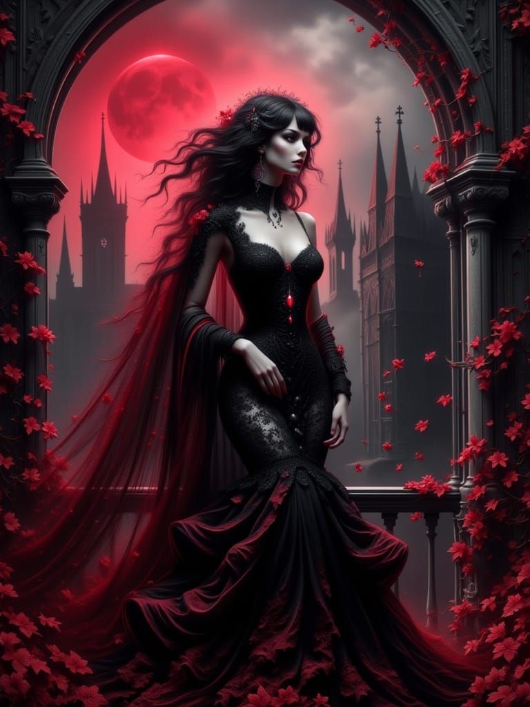 Gothic Woman Portrait Under Blood-Red Moon