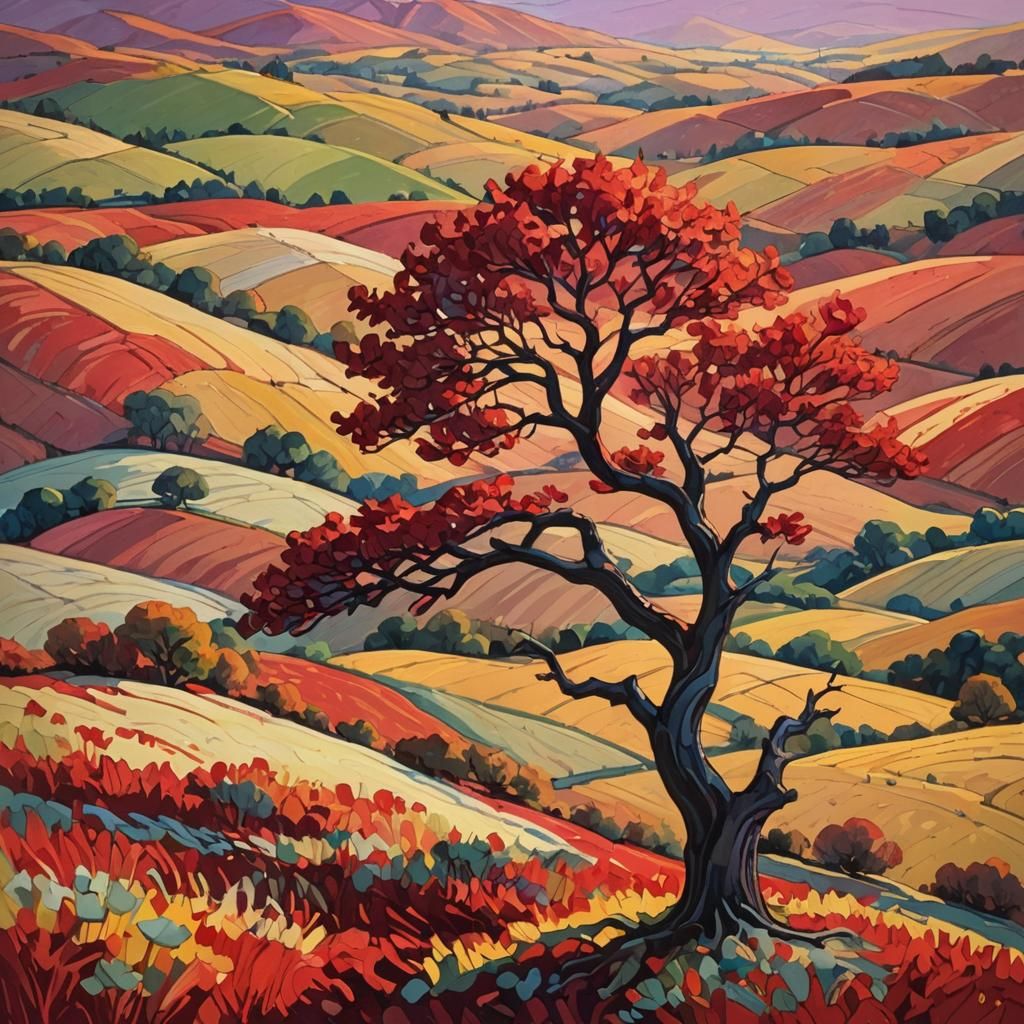 Gouache Landscape Painting with Crimson Hills and Warm Light