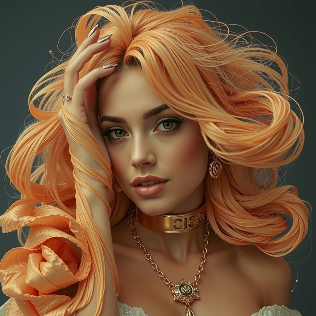 Elegant Woman in Surreal Maximalist Psychedelic Scene