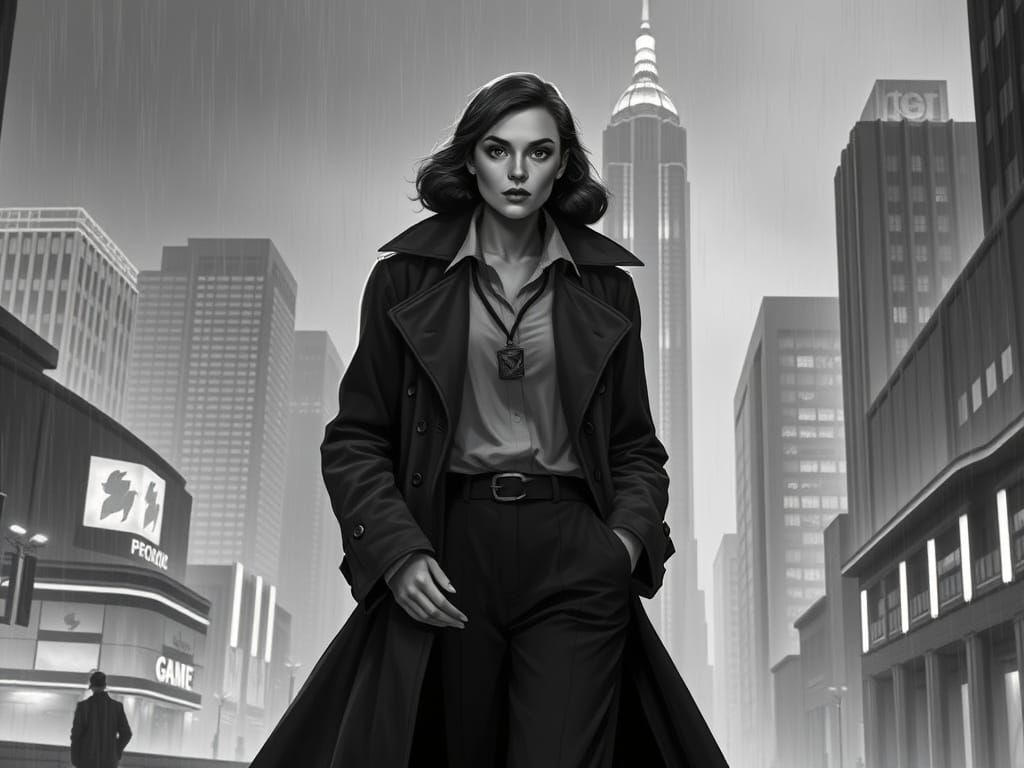 Detective in Retro-Futuristic City, Film Noir Style