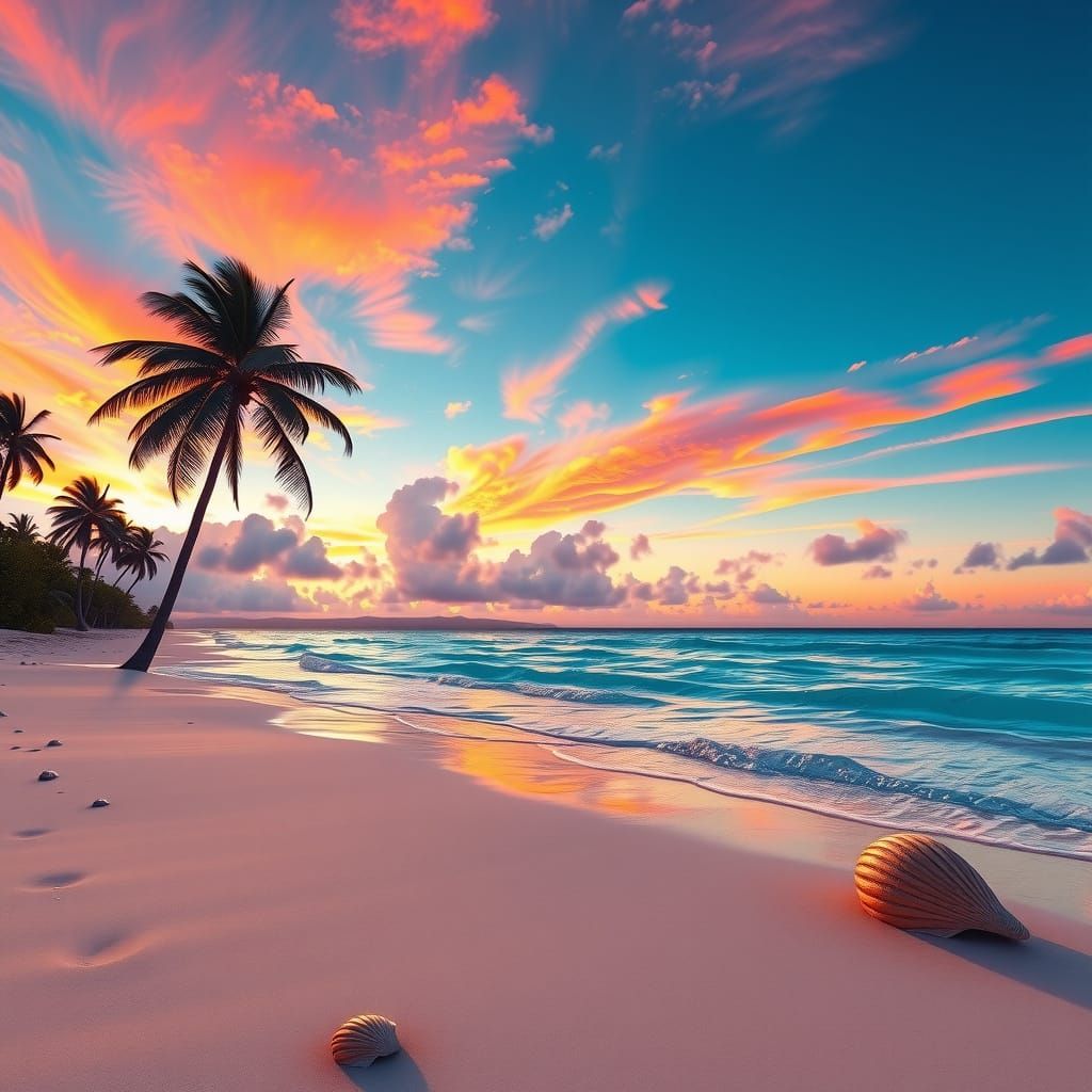 Tropical Beach Sunset in Hyperrealistic Digital Painting