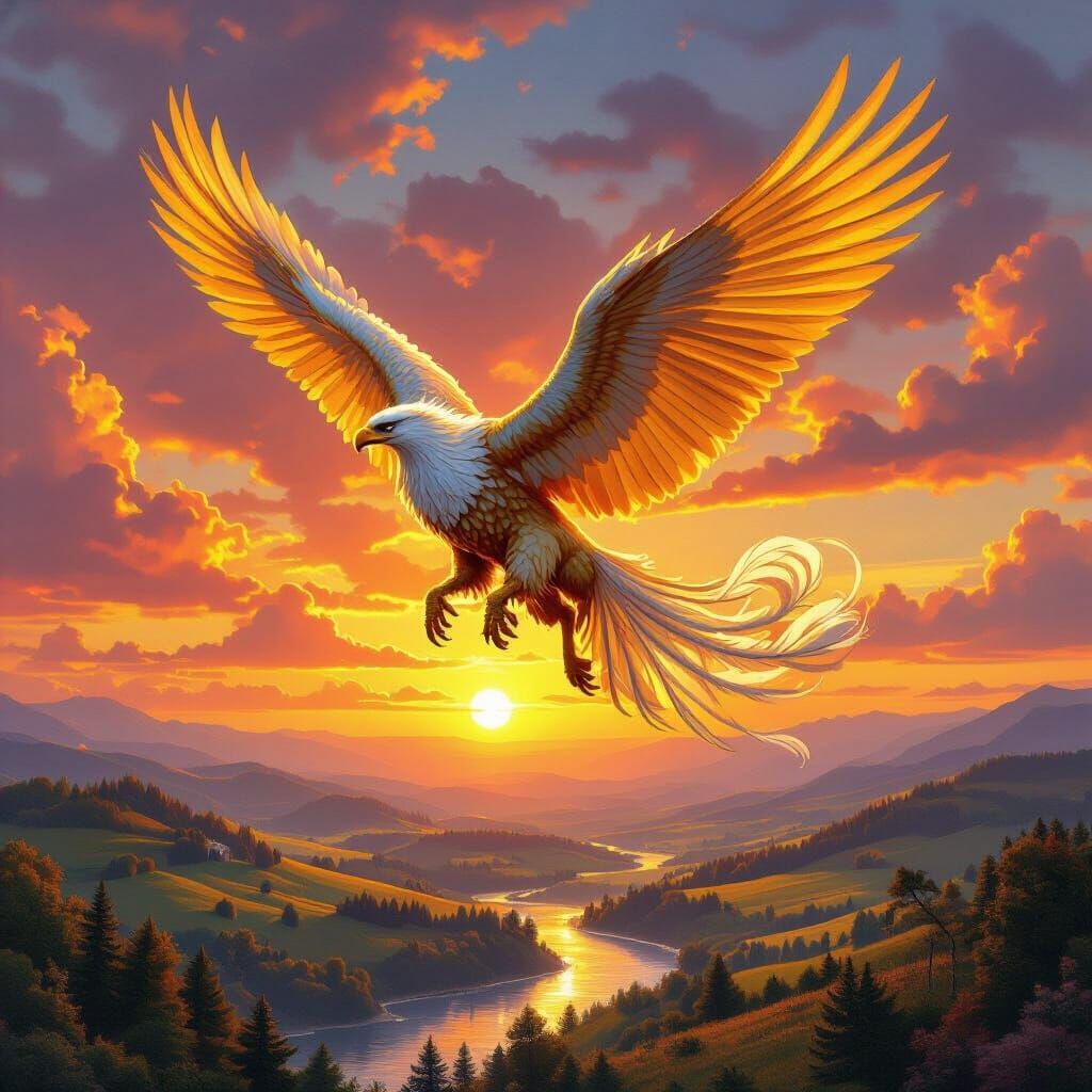 Griffin Soaring Through Sunset Sky, Hyperrealistic Style