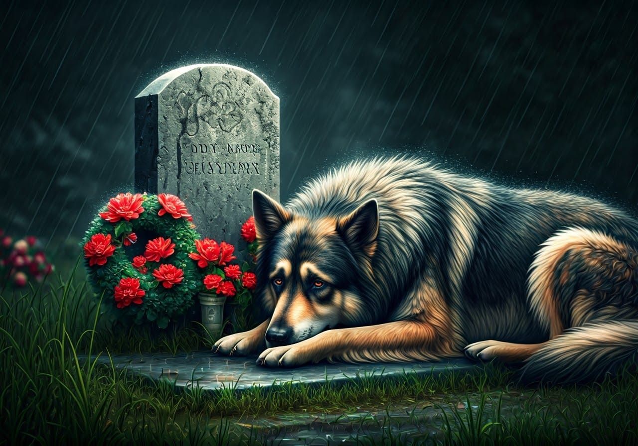 Majestic Alsatian Mourns His Master in Rainy Graveyard