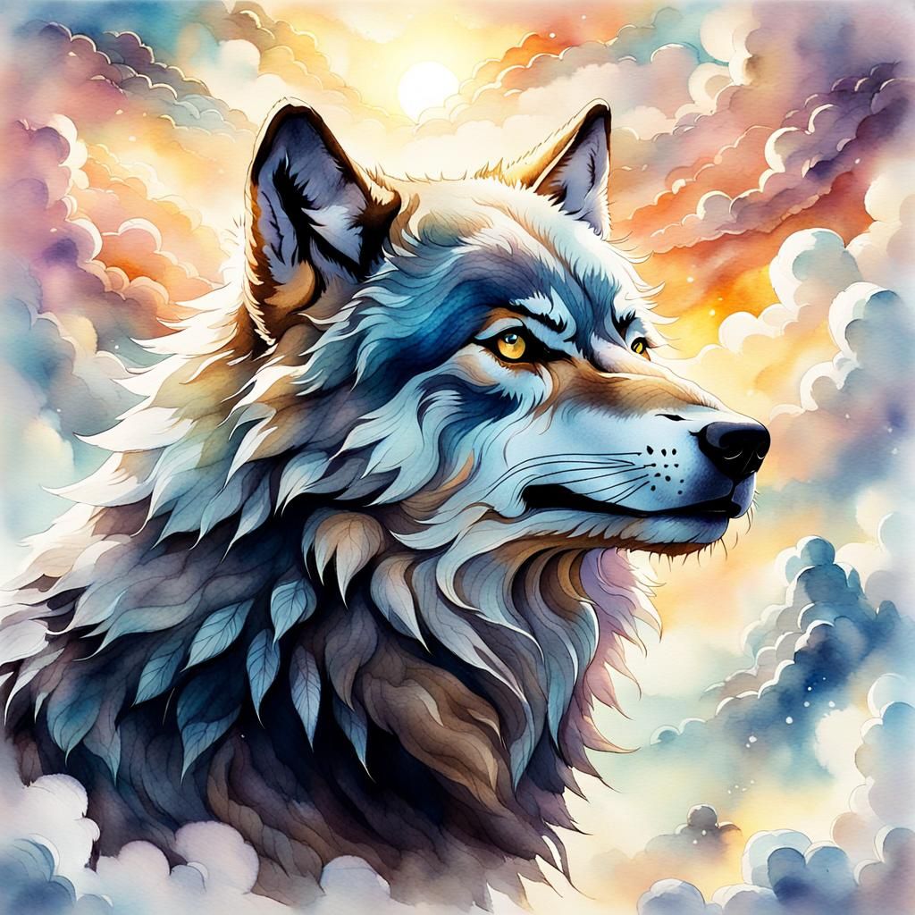 Wolf Dissolving into Clouds: Ethereal Watercolor Illustratio...