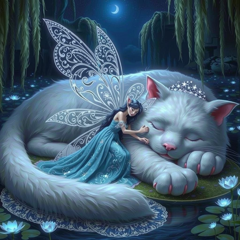 Gigantic Ivory Cat Creature Surrounded by Whimsical Fairy in...
