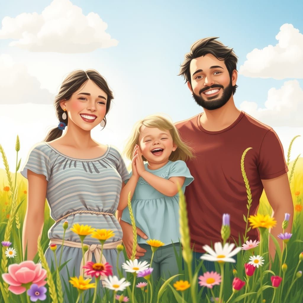 Happy Family in Meadow, Watercolor Illustration