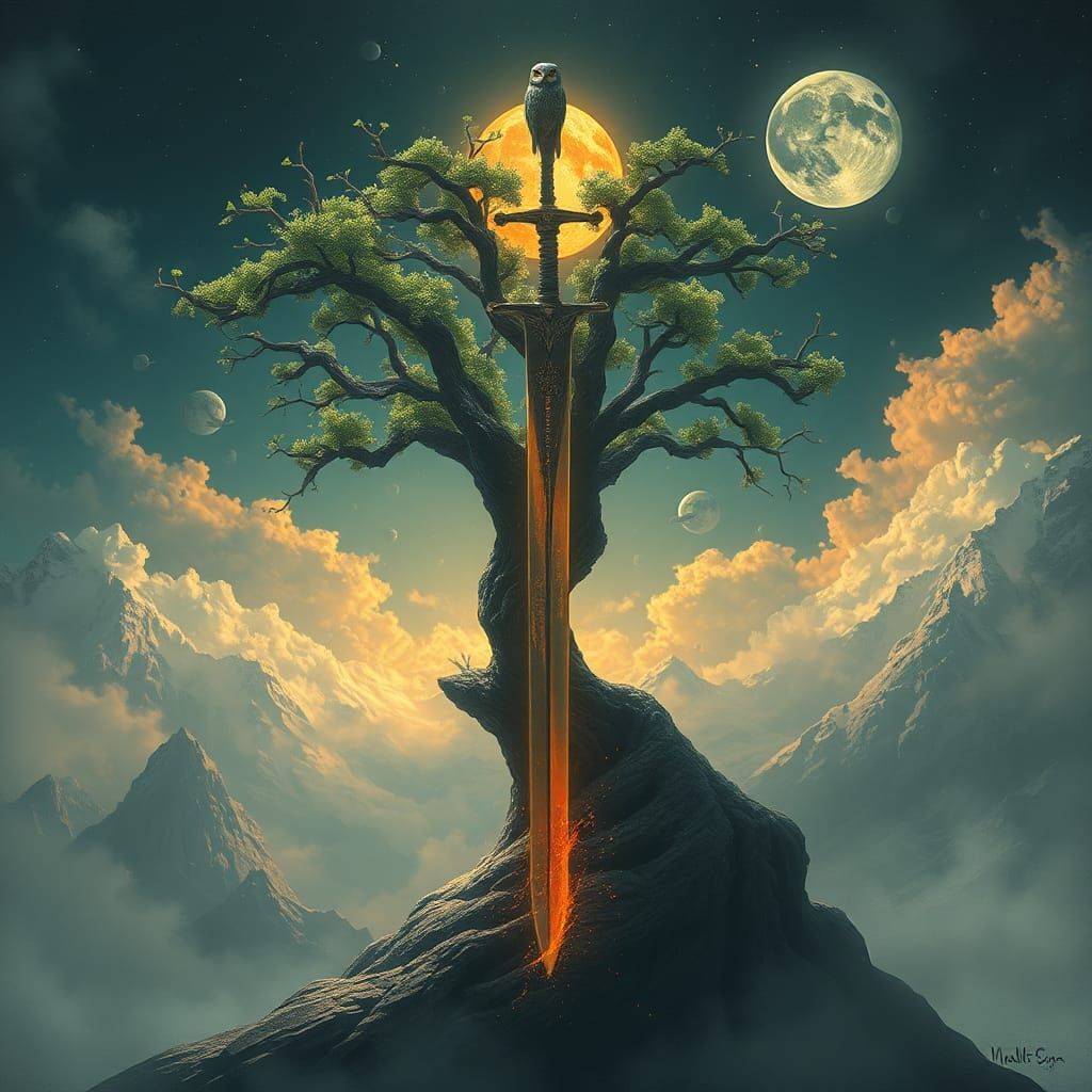 Fantastical Scene with Blue Owl Leopard God