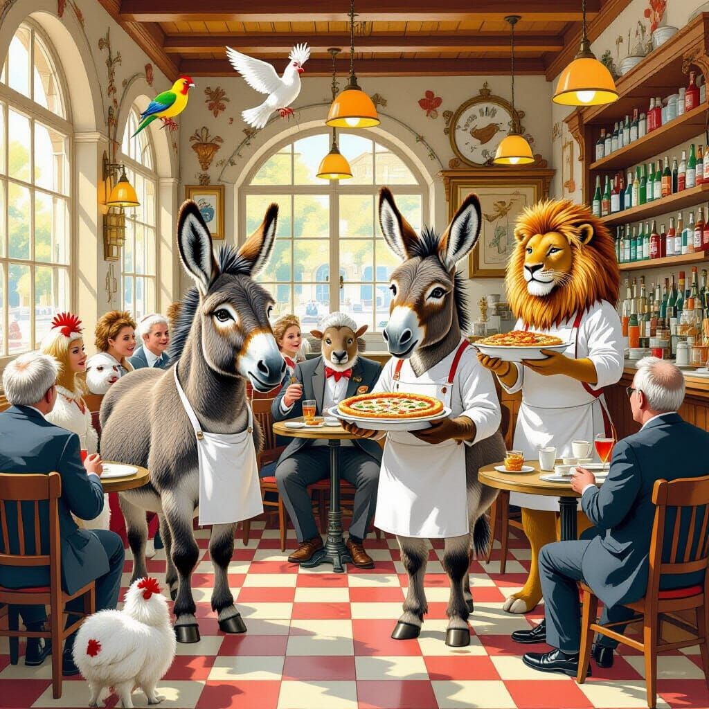 Whimsical Animal Restaurant Scene in Beatrix Potter Style
