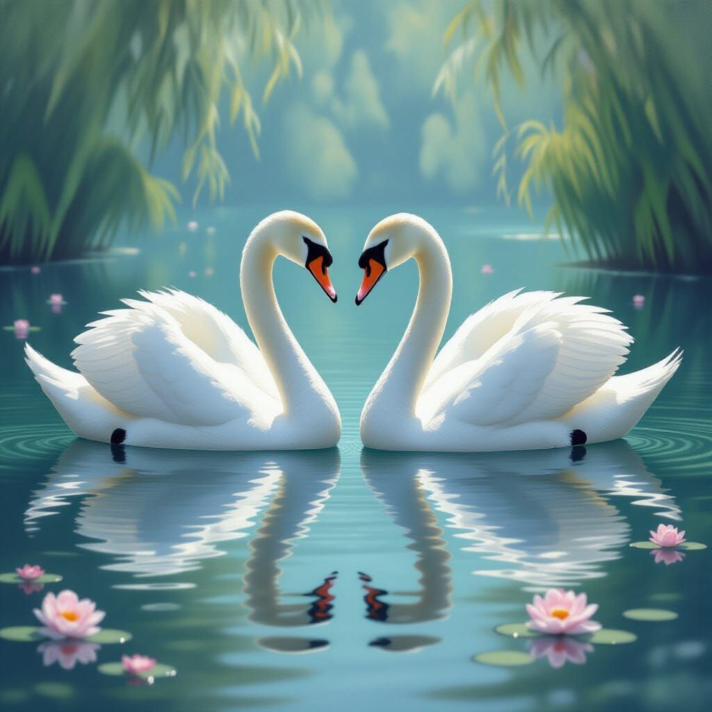 Two Swans Form Heart Shape on Water Amidst Flowers