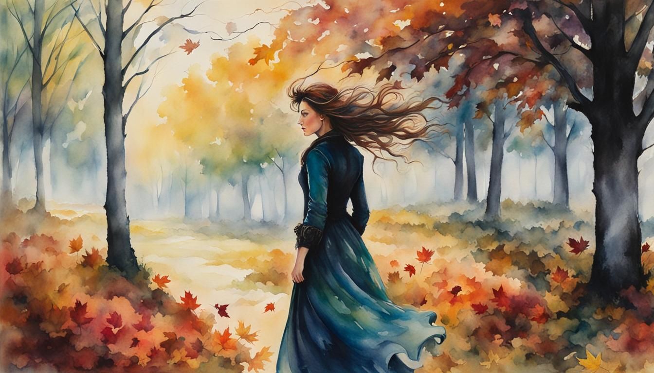 Autumn Wind Watercolor with Woman and Trees